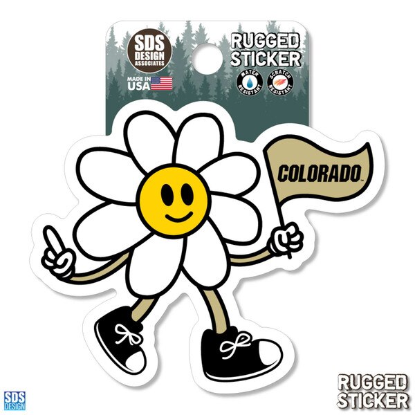 CU Buffaloes rugged sticker featuring a smiling daisy character holding a "COLORADO" flag and wearing black sneakers.